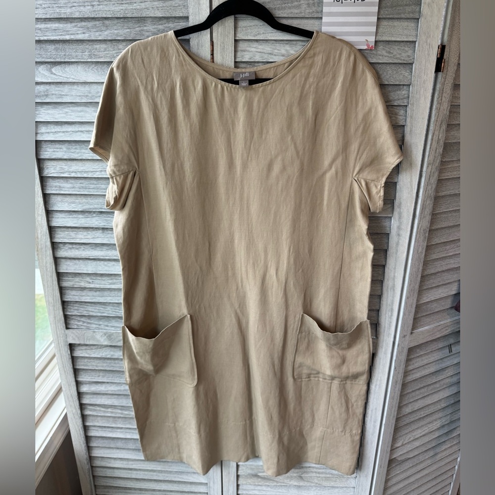J Jill Silk Linen Shift Boxy Dress, has front patch pockets. Tan Sz L - Picture 3 of 10